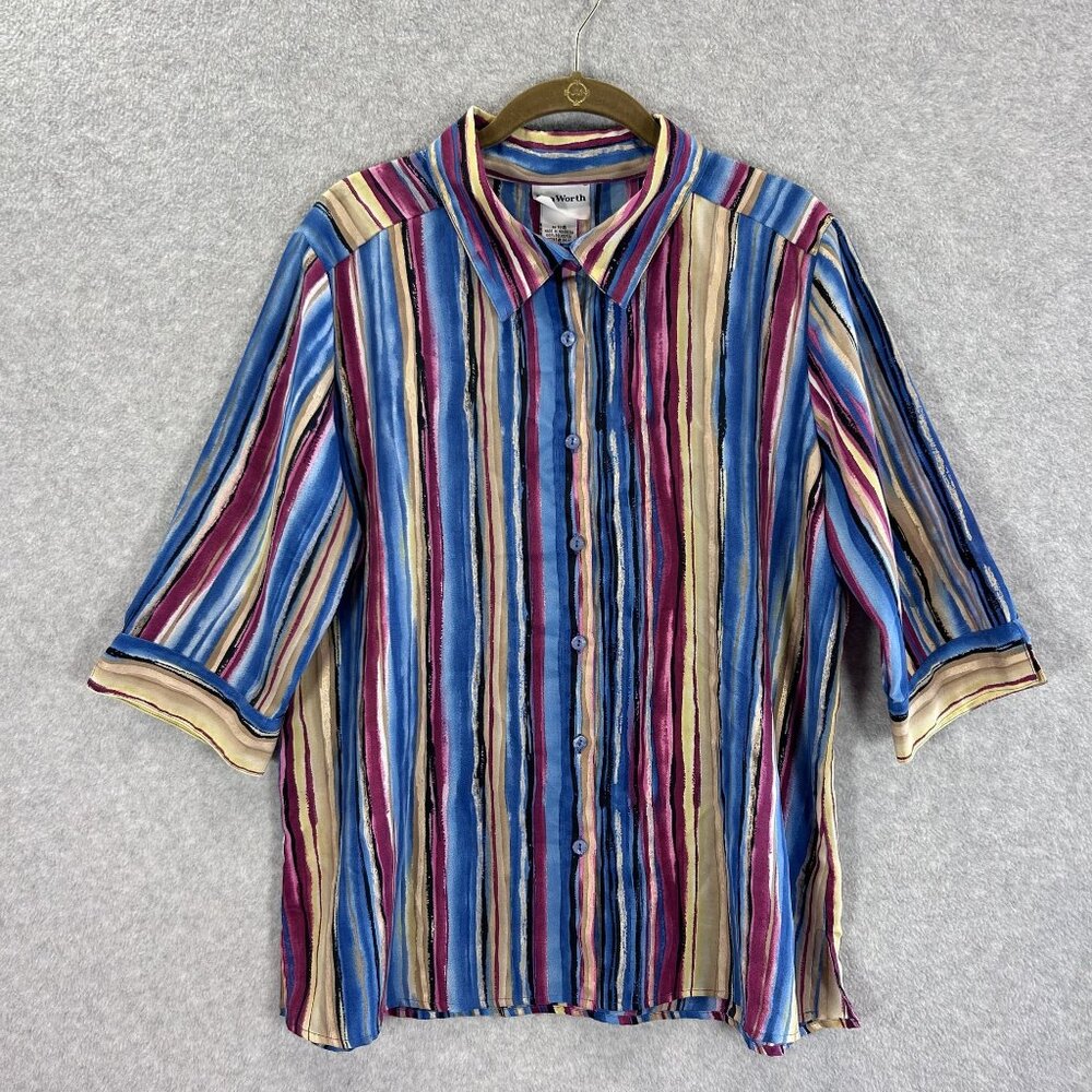 Bon Worth Womens Medium Petite Striped Button-Up Blouse 3/4 Sleeve Colorful 90s